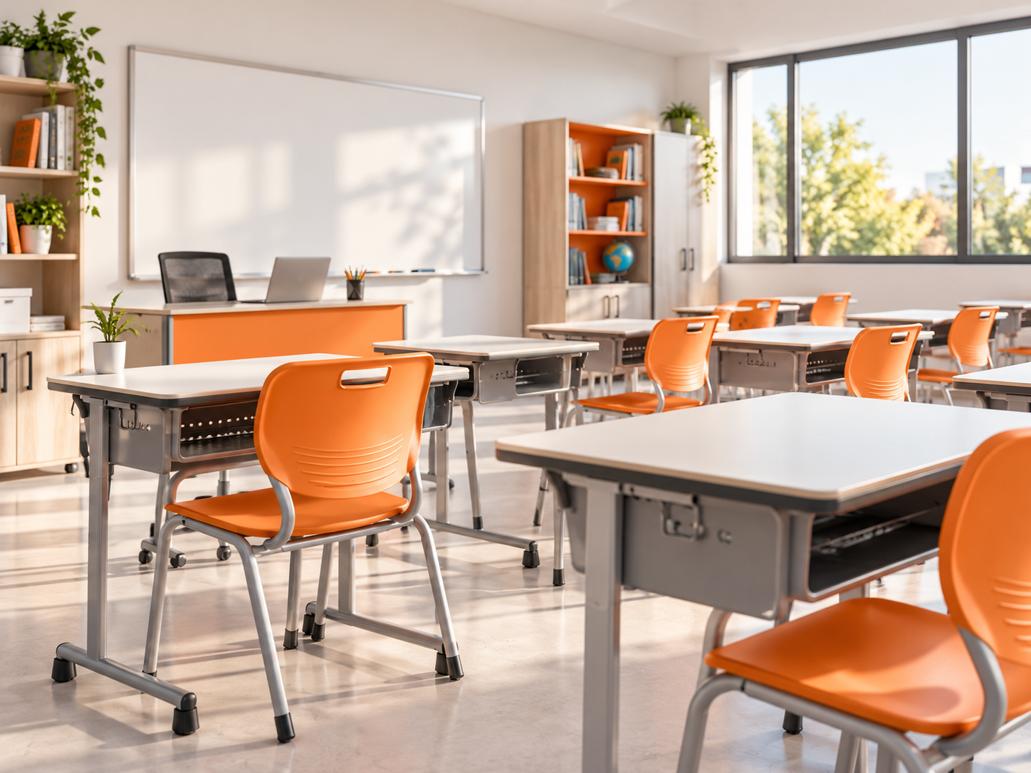 Aula con mobiliario escolar moderno
